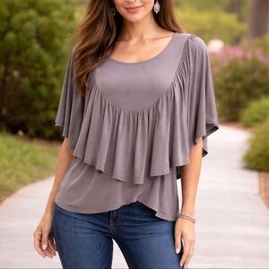 Anthro Annabelle Mauve/Taupe Western Cowgirl Rayon Ruffle Scoop Peasant Top (S)